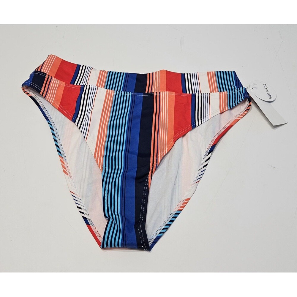 Retro Stripes Swim Bikini Bottom High Waisted Blue Red Vertical Stripe XL NWT
